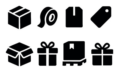Black icons of packaging: boxes, tape, tags, gifts, pallet