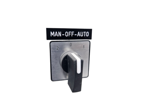 Industrial selector switch with manual, off, and auto modes, used for control panels and automation systems. Suitable for industrial themes, automatic control, or machine automation. Transparent PNG