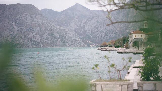View of the Church of St. Eustachius, Dobrota, on the coast of Montenegro, on a cloudy day
