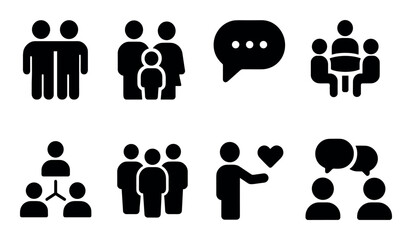 Black silhouette icons of communication, people, and relationships