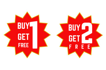 Two red burst-shaped stickers with text 