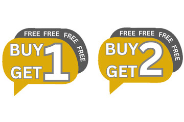 The image contains two yellow marketing stickers, each with a grey banner at the top saying 