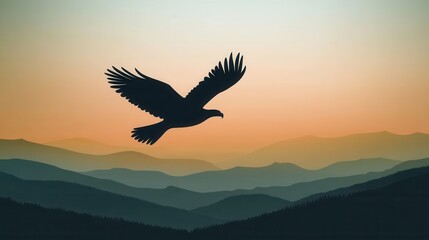 Obraz premium Majestic silhouette of a bird soaring above layered mountains during a serene sunset with a gradient sky in soft hues of orange, pink, and purple