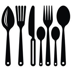 Black Silhouette Cutlery Set Vector Icons Including Spoons, Forks, and Knife for Dining