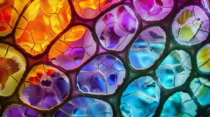 Close-up photograph of colorful plant cells under a microscope