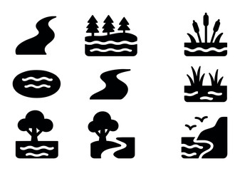 Set of 9 black river and nature scene icons on white background