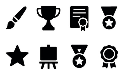 Art tools and achievement icons: brush, trophy, medal, star