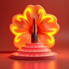 Neon Lights: Vibrant Orange Flower Backdrop and Pyramid Stand Highlighted by a Lipstick in 3D Scene