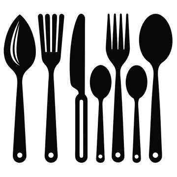 Black Silhouette Cutlery Set Vector Icons Including Spoons, Forks, and Knife for Dining