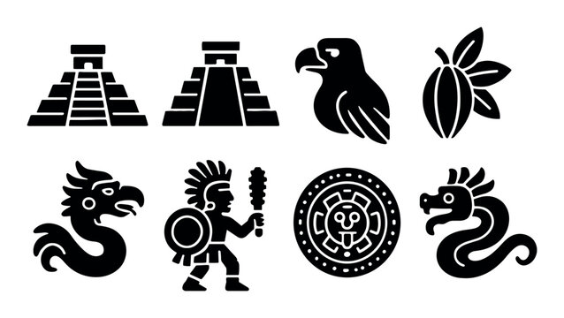 Mesoamerican symbols: pyramids, eagle, cacao, dragon, warrior