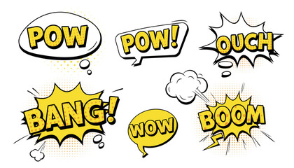 Comic speech bubbles set isolated on background. Vector cartoon illustration of yellow retro text clouds.