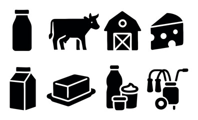 Dairy farm icons: milk, cheese, butter, cow, barn, yogurt, cream