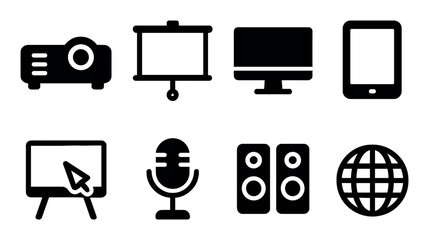 Set of technology icons: devices, screen, projector, microphone