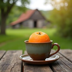 Sun-kissed Citrus: A Vibrant Orange in a Ceramic Cup on a Weathered Farm Table