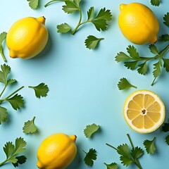Sun-kissed Citrus Harmony: Lemons and Cilantro on Sky Blue