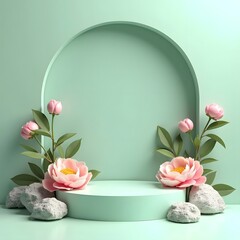 Glowing Goddess: A Nature-Inspired Mint Podium with Peonies for Eye Cream