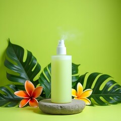 Refreshing Tropical Oasis: Hydrating Mist on Stone Pedestal Amid Vibrant Tropical Flowers