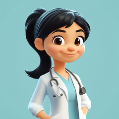 A lady doctor is wearing her white coat and stethoscope with a friendly smile against a blue background made with generative AI