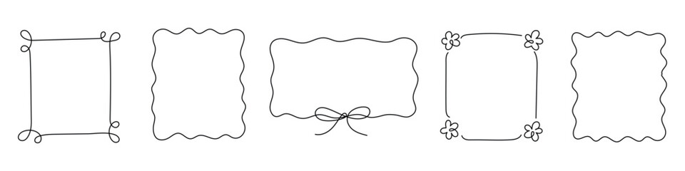 Decorative linear simple frames with bows, ribbons and wavy lines isolated in minimalist hand drawn doodle style. Empty square, templates, vector illustrations.