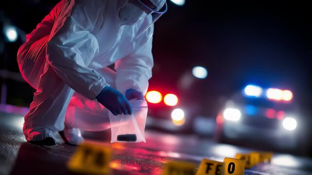 Forensic investigator in protective suit collects evidence at night crime scene, illuminated by police lights &ndash; crime investigation and law enforcement concept
