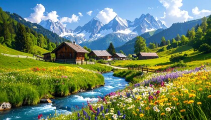 Fototapeta premium Alpine village with wildflowers, and stream.