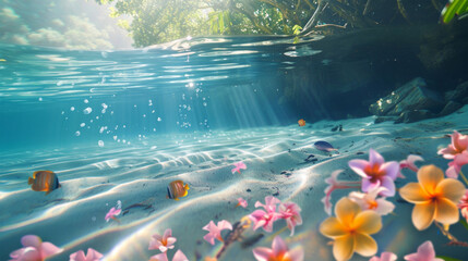 tranquil tropical lagoon with crystal-clear water, vibrant fish, floating flowers, soft sunlight on sand