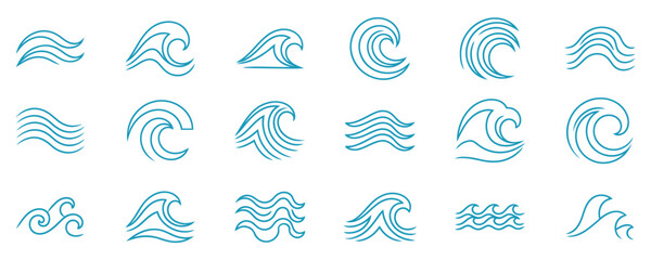 Water wave line. Sea flowing waves icons. Decorative outline of curling and swirling river liquid. Zigzag horizontal sea and ocean water elements isolated on white background vector set