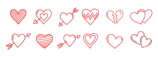 Set of red hearts in different poses. Hand drawn different love hearts. Chalk sketch for Valentine's Day and romance