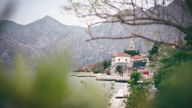 View of the Church of St. Eustachius, Dobrota, on the coast of Montenegro, on a cloudy day