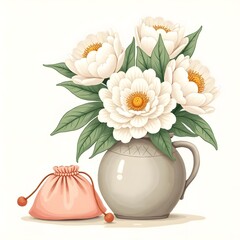Blooming Beauty: Summer Peonies in Rustic Vase with Velvet Pouch
