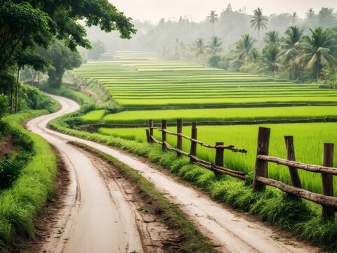 Scenic Rice Terraces and Winding Path, Landscape, Tropical Fields of Southeast Asia