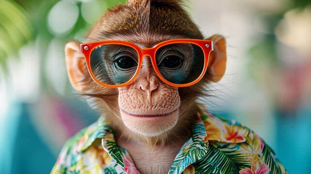 Stylish monkey wearing sunglasses and hawaiian shirt in tropical setting.