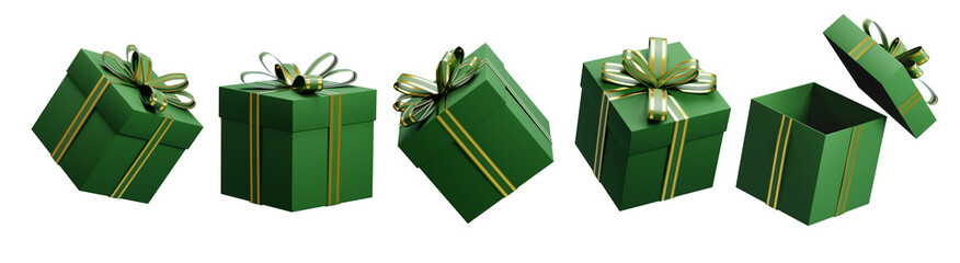 3d rendering Five green gift boxes with gold ribbon rotating on transparent background © jamesteohart