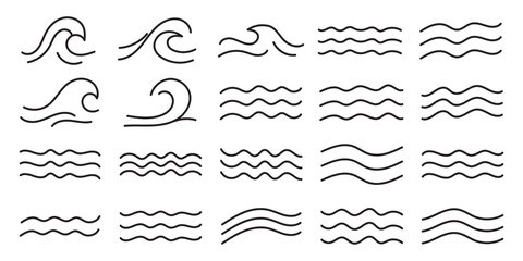 Obraz premium set of linear icons with symbols of water, river and sea.