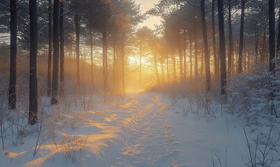 serene winter forest with a snow-covered path winding through tall pines and a soft golden sunrise lighting the way, Generative AI