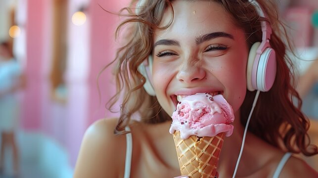 A Moment of Pure Bliss A Cheerful Woman Immersed in Music and Indulging in a Melting Ice Cream Cone