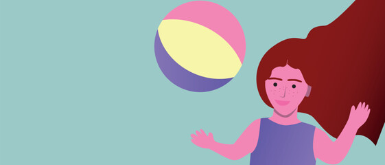 children playing with ball as Authentic Family, flat vector stock illustration with baby girl as copy space template