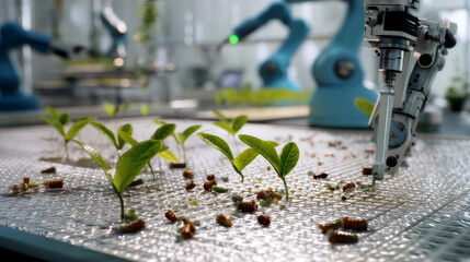 robotic arms tending to seedlings in the background of the eco-tech lab