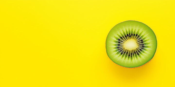 Kiwi fruit slice on bright yellow background. Tropical fruit and pop art concept. Image for poster, packaging, banner with copy space.