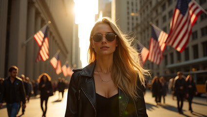 A stylish young woman with sunglasses enjoys a casual summer walk on a vibrant city street