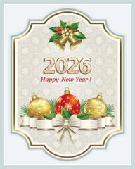 Happy New Year 2026. Greeting card with Christmas tree balls in figured frame with bells. Holiday background is decorated with fir branches, snowflakes, ribbon and bow. Vector illustration