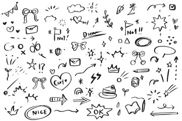 Fototapeta premium Doodle element, sketch icon, and hand drawn symbol collection featuring hearts, speech bubble, cloud, crown, star, lightning, arrow, pizza, and rainbow. Perfect for comics, design, or decoration proje