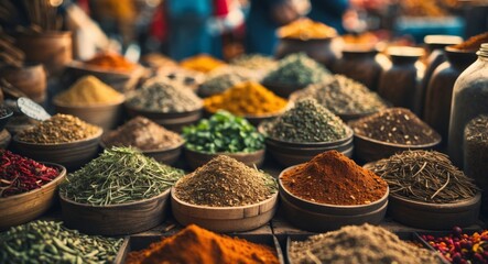 Assorted Spices and Herbs Displayed in Wooden Bowls at a Vibrant Marketplace.