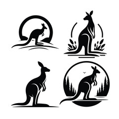 Elegant Kangaroo Silhouette Design: Minimalist Black and White Illustration with Circular Frames and Sparkling Details