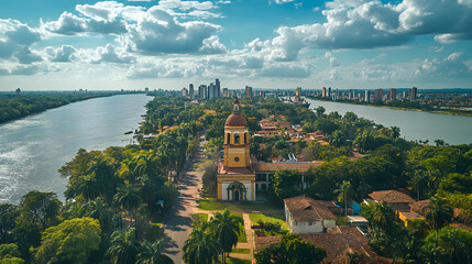 Aerial view of Asuncion, Paraguay, featuring a mix of colonial and modern architecture, lush greenery, palm trees, and the Paraguay River under a partly cloudy sky.