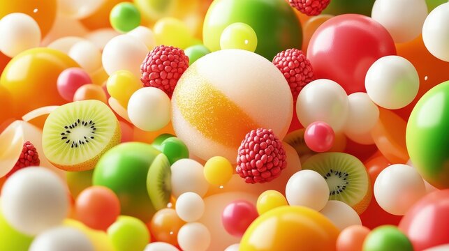 Vibrant spheres and fruit slices, a colorful abstract composition