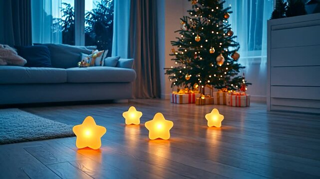 Cozy Christmas Eve Night: Star Lights and a Decorated Tree
