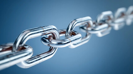 Obraz premium Shiny Metallic Paper Clips Forming Chain Link Connection Against Dark Blue-Gray Background, Close-up Detail