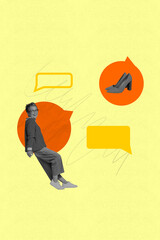 Poster image sketch vertical collage of happy old woman sit bubble communication speech icon chat...