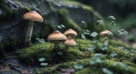 Fototapeta premium Enchanted Forest. Mushrooms and Clovers in a Mystical Setting, Dark Green Moss